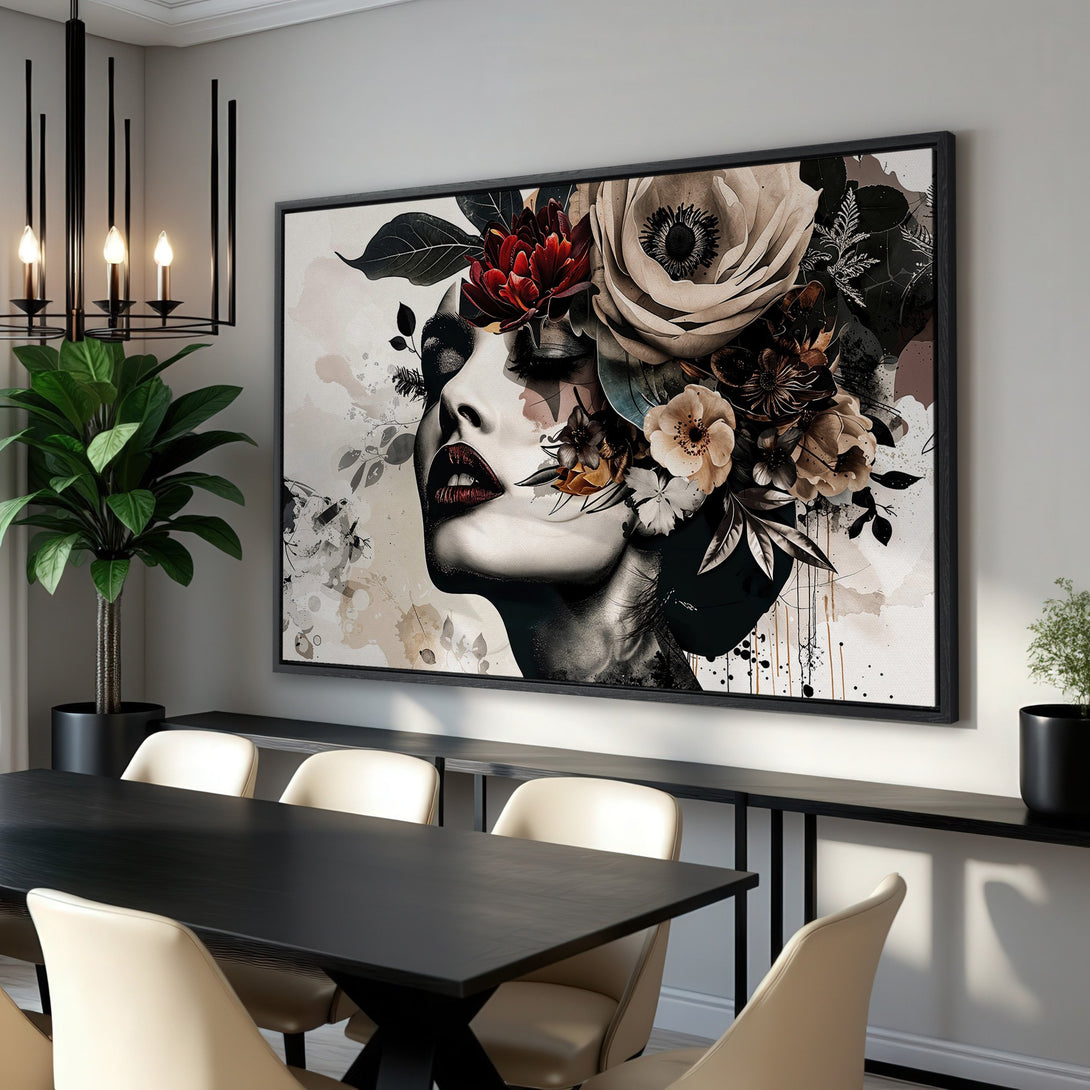 Framed Wall Art: Stunning black and white portrait of a woman with floral elements. Modern art with a neutral color palette, perfect for elegant home decor.