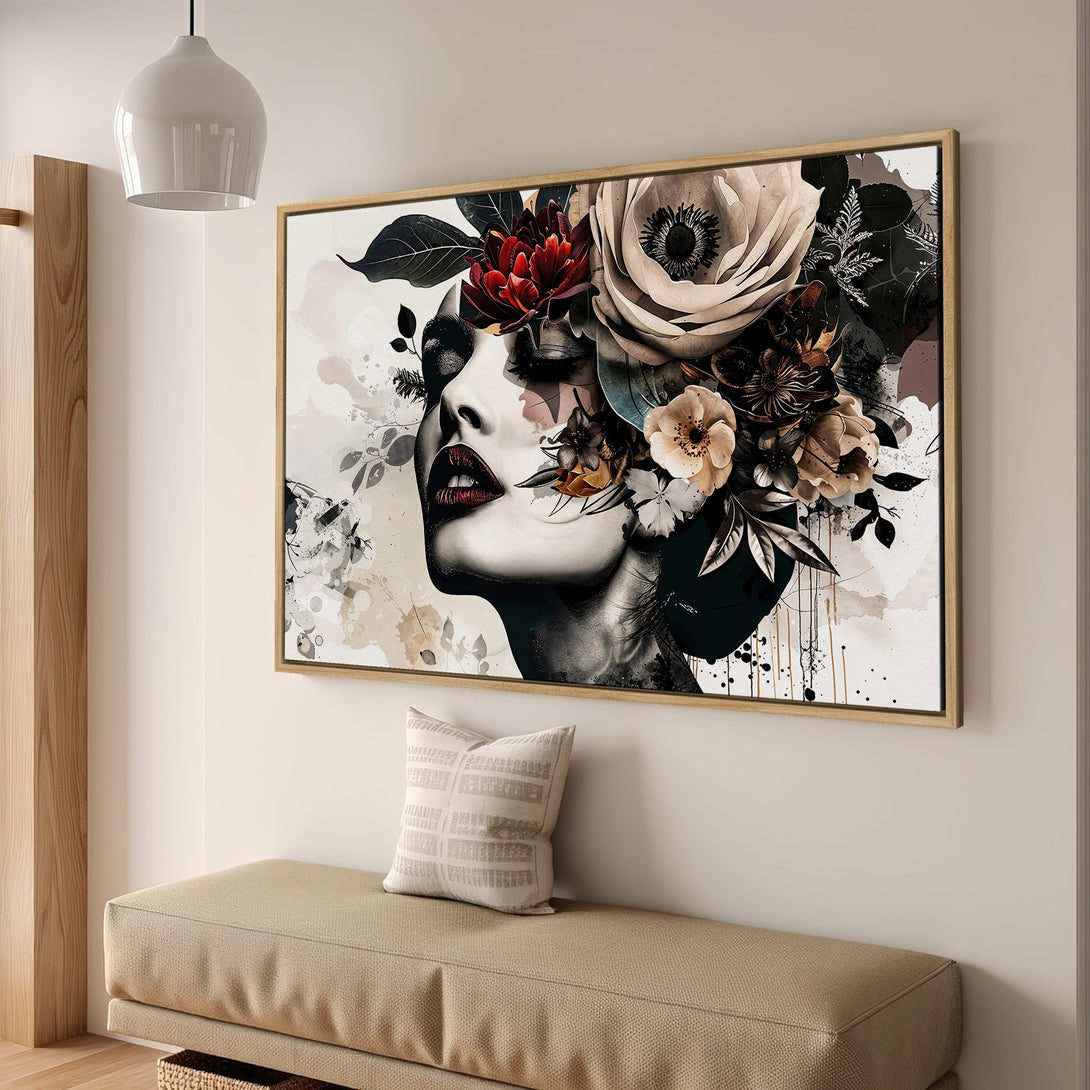Framed Wall Art featuring a woman with floral crown. Modern, artistic style with a neutral and red color palette. Perfect for home decor.