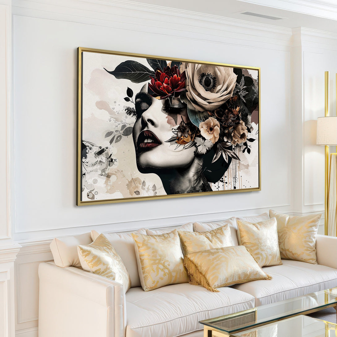 Canvas Print: Elegant woman portrait with floral headdress, modern art in neutral tones. Perfect wall decor for a stylish living room.