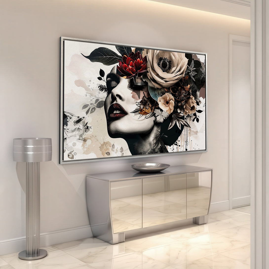 Framed Wall Art: Elegant woman portrait Canvas Print with floral headdress. Modern art in neutral tones with pops of red. Perfect for home decor.