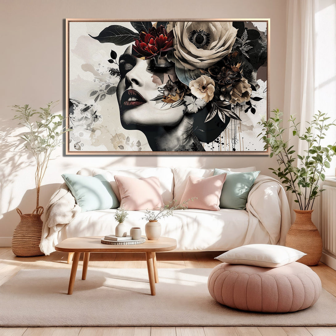 Framed Wall Art: Elegant woman with floral crown, modern art style, neutral color palette. Perfect for living room decor.