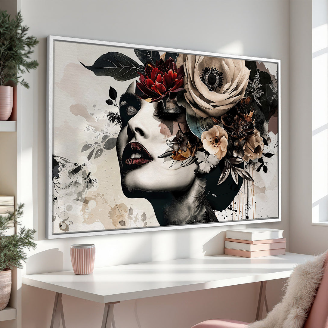 Framed Wall Art: Elegant woman portrait Canvas Print. Floral design with a neutral, earthy color palette. Perfect for modern home decor.
