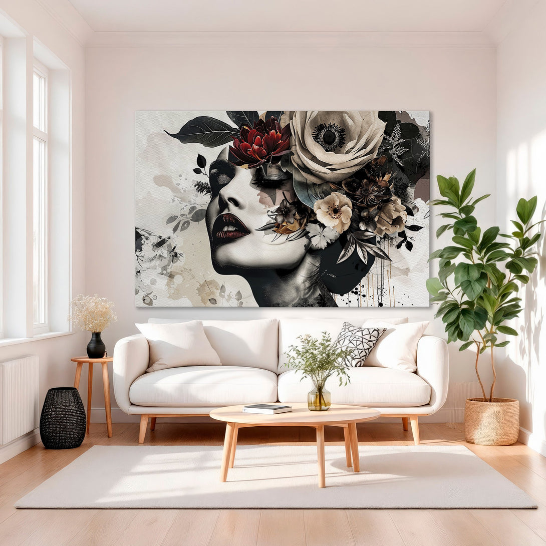 Framed Wall Art of a woman with floral crown in neutral tones. Modern, elegant decor for your home. Black, white, and gold color palette.
