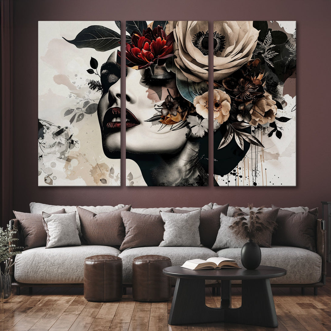 Canvas Print of a woman with floral headpiece, modern art in neutral tones, perfect for living room decor.