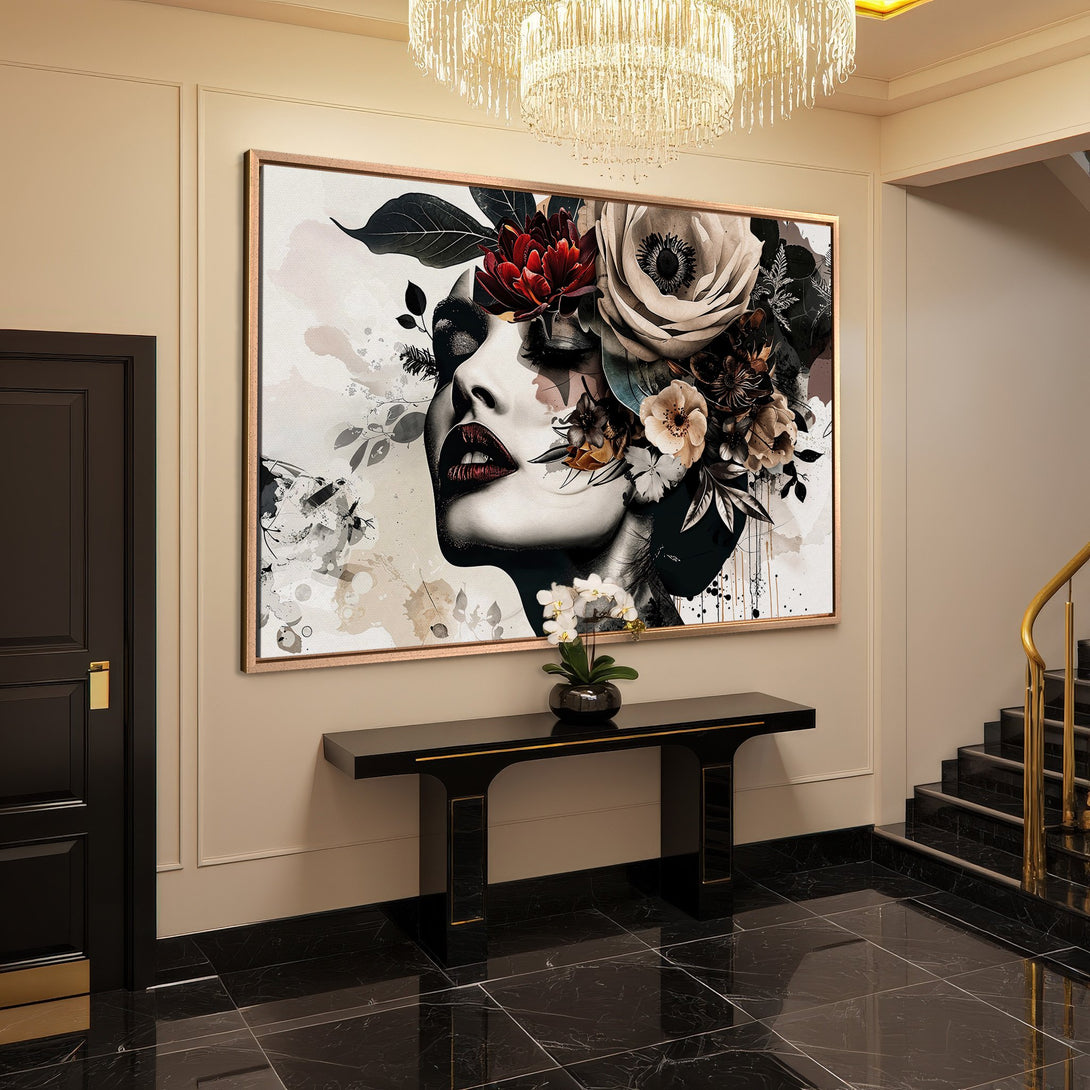 Framed Wall Art featuring a woman with flowers, in a modern style with a neutral, black, and red color palette. Perfect for any space!