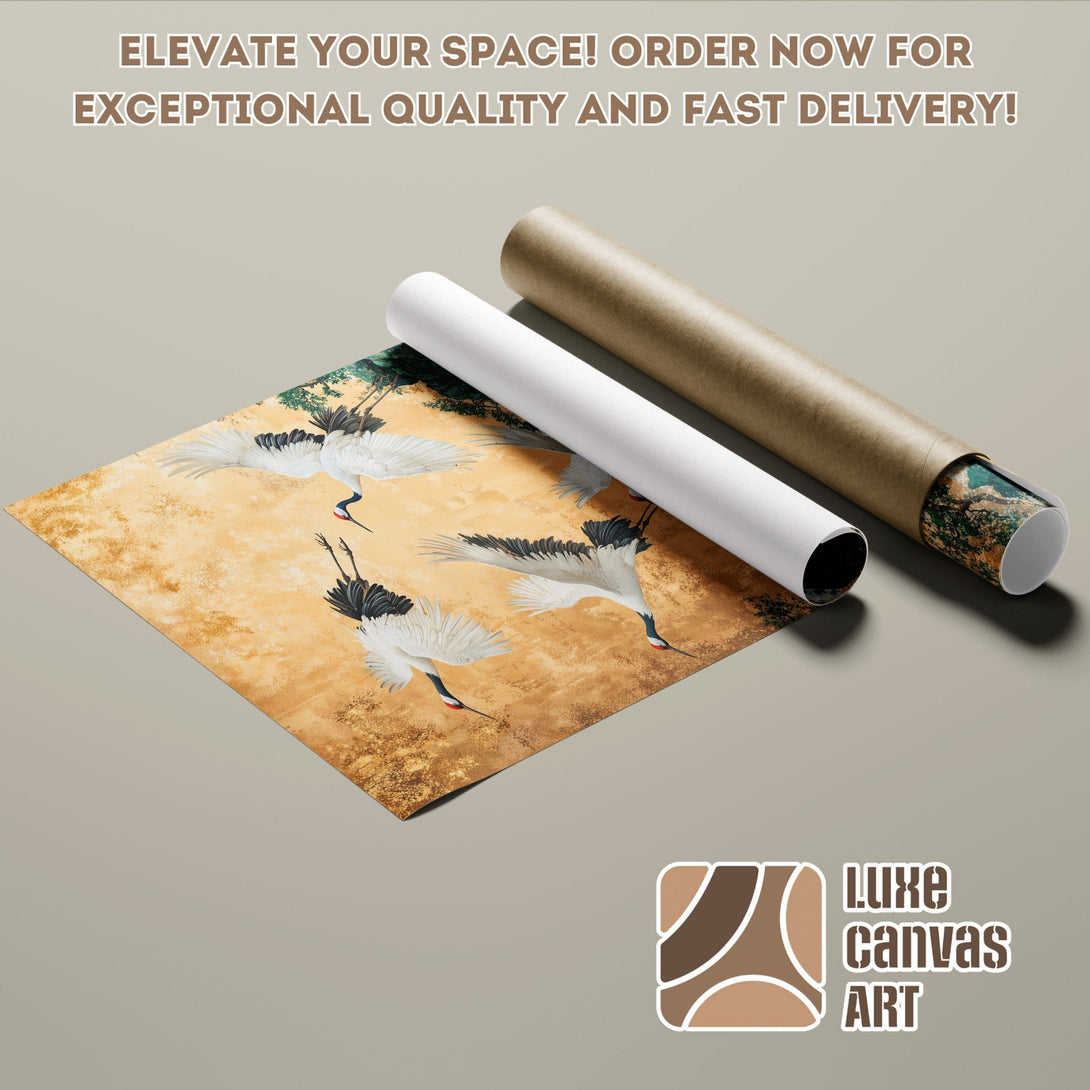 Poster Roll featuring crane artwork, neutral tones, and a touch of gold. Elevate your space with this art!