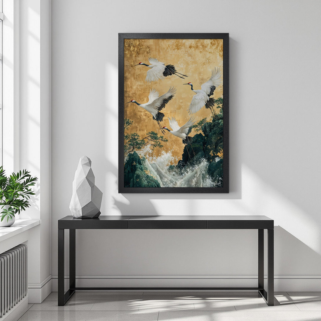 Framed Poster of cranes in flight. Japanese art style, gold, white, and black color palette. Perfect wall art for your home!