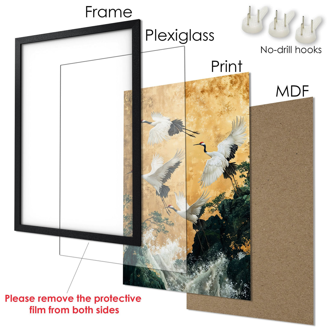 Framed Poster featuring elegant cranes in a classic Asian style. Earthy tones with pops of white and black. Perfect wall art!