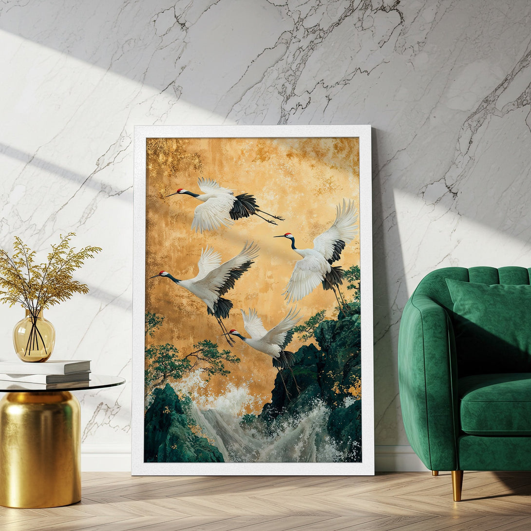 Framed Poster featuring cranes in flight. Elegant Asian-inspired art with gold, white, black, and green color palette. Perfect wall decor!