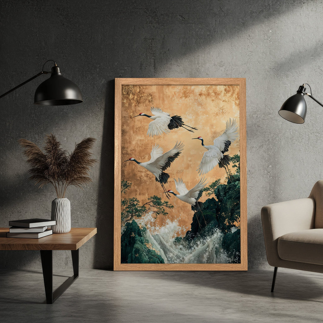 Framed Poster featuring Japanese cranes in flight, a serene landscape with a warm, earthy color palette. Perfect wall art.