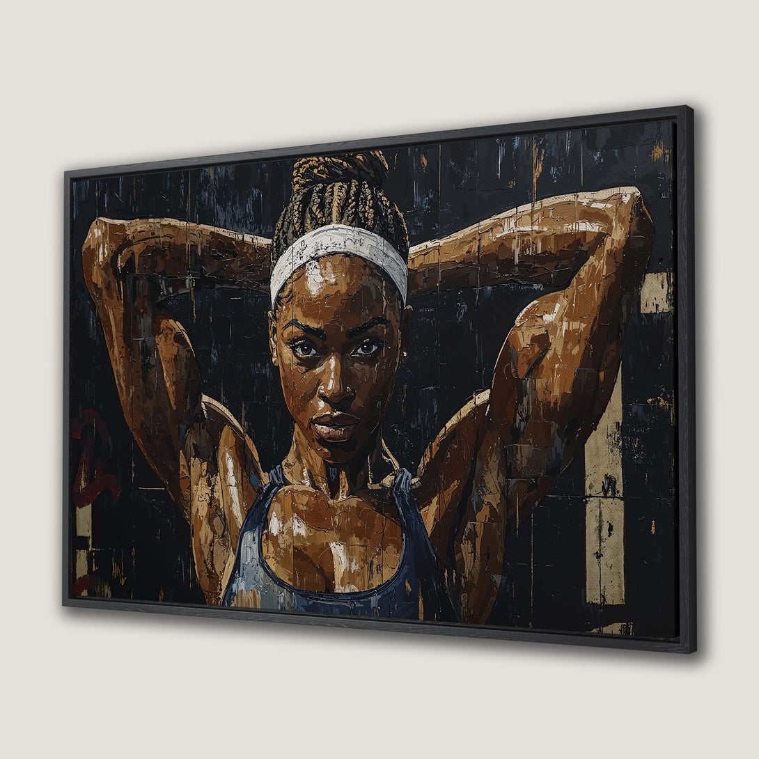 Framed Wall Art: Powerful portrait of a Black woman athlete. Bold, textured style with a brown, blue, and black color palette. Inspiring decor!