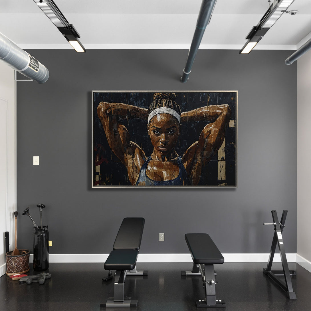 Framed Wall Art: Powerful portrait of a woman in a gym. Bold, textured style with a warm brown and blue palette. Elevate your space with art!
