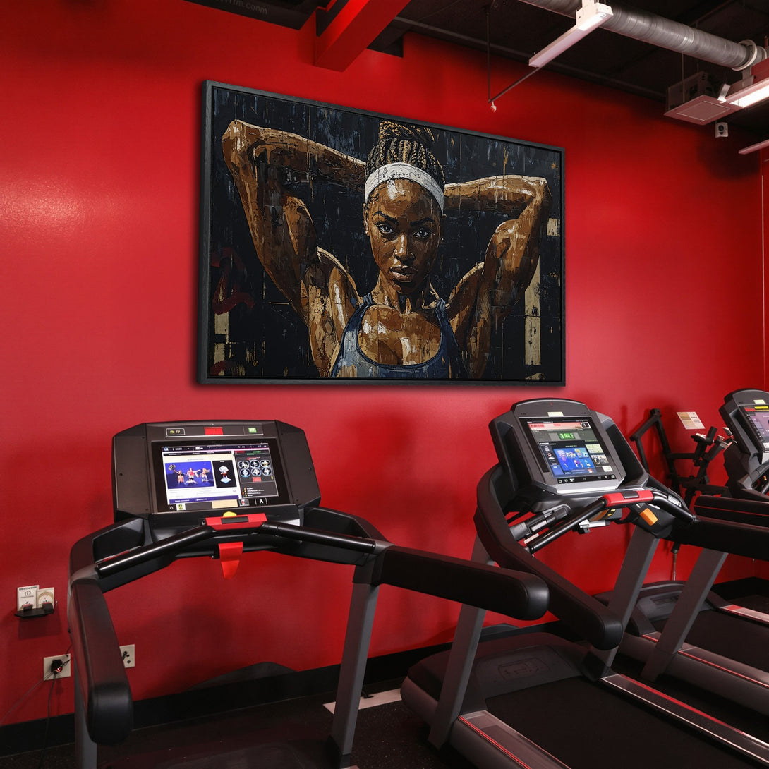 Framed Wall Art: Powerful portrait of a woman in a gym. Bold, textured style with a warm brown and blue palette against a vibrant red wall. Canvas Print.
