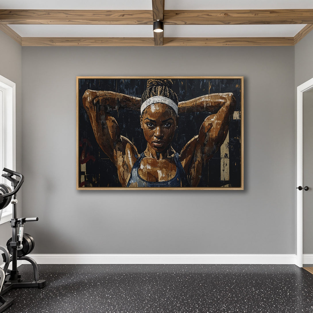 Framed Wall Art: Powerful woman portrait in a gym. Bold, textured style with a dark, earthy color palette. Perfect for modern home decor.