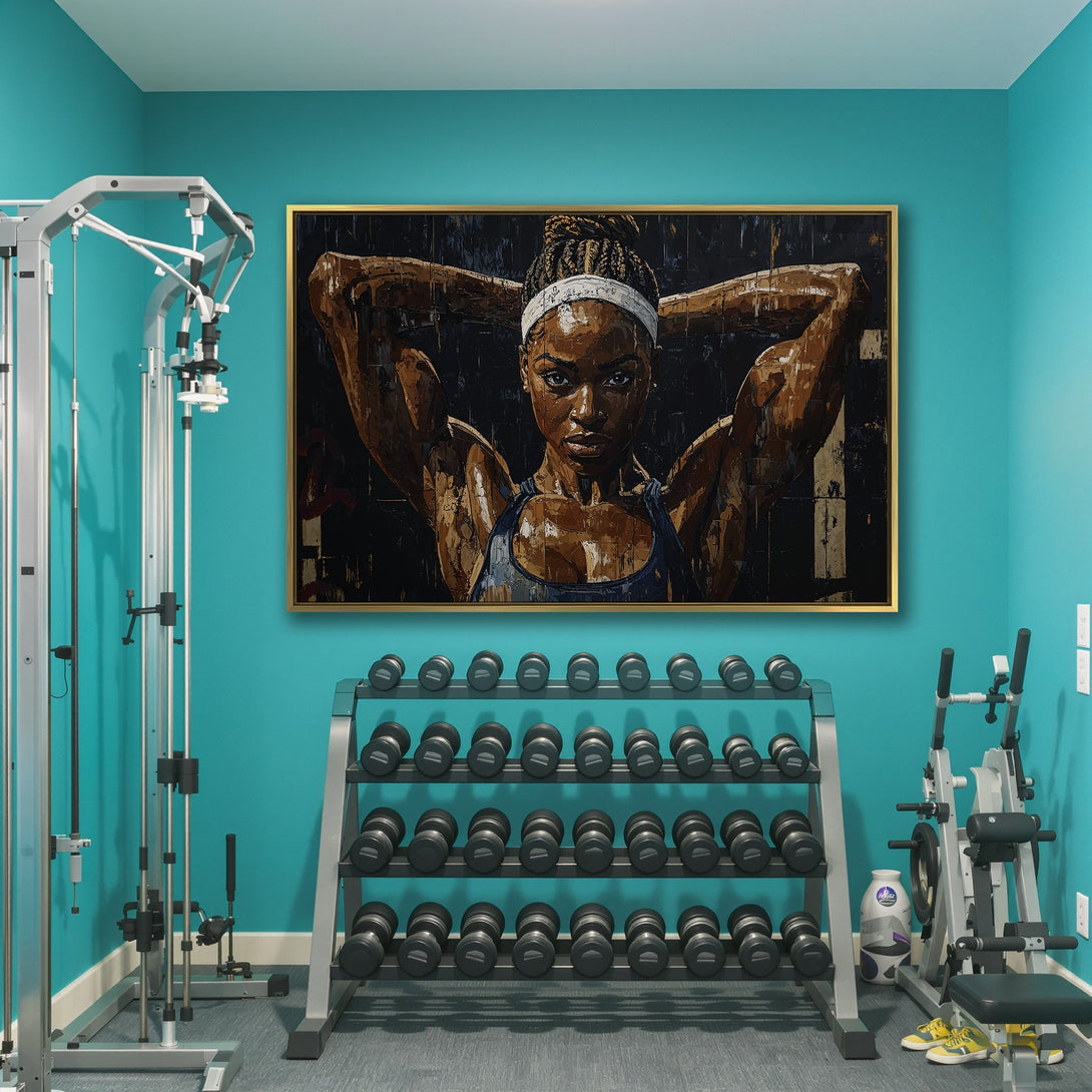 Canvas Print of a strong woman in a gym, bold brushstroke style. Earthy tones with pops of blue and white. Perfect for home or gym decor!