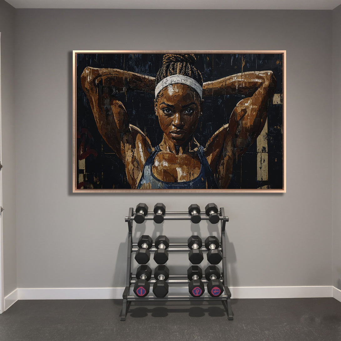 Framed Wall Art featuring a strong woman in a gym. Impressive abstract style with a dark, brown, and blue color palette. Perfect for home gyms.