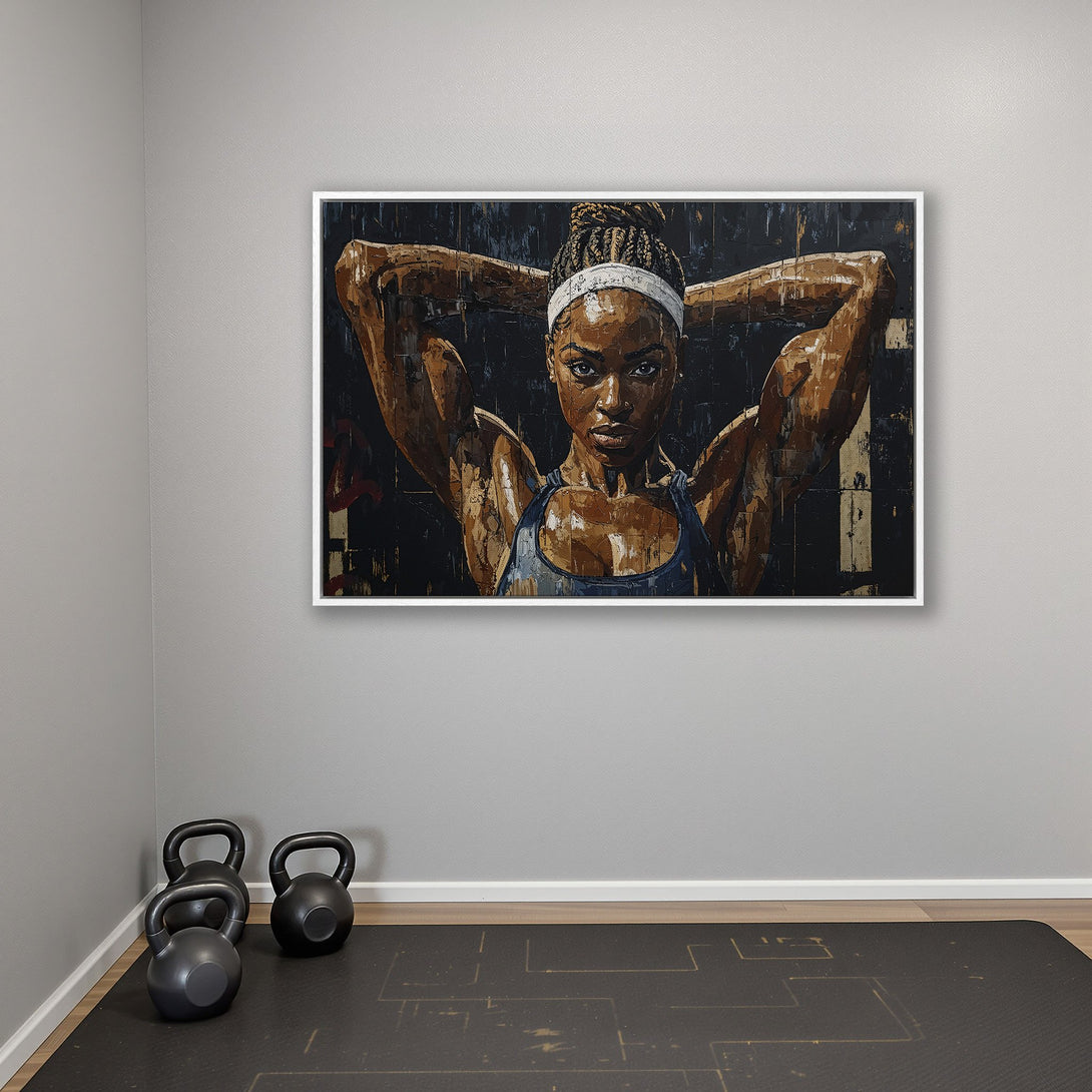 Framed Wall Art: Powerful portrait of a female athlete in a gym setting. Abstract style, warm brown and cool blue tones. Inspiring wall decor.