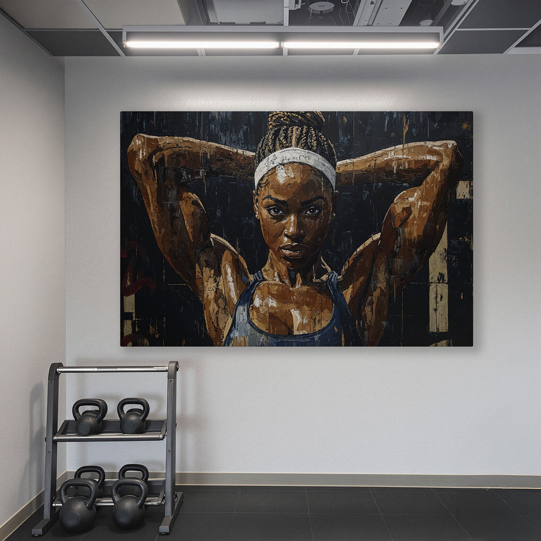 Framed Wall Art: Powerful portrait of a woman in a gym, displayed in a teal room. Bold, textured style with warm brown and cool blue tones. Elevate your space!