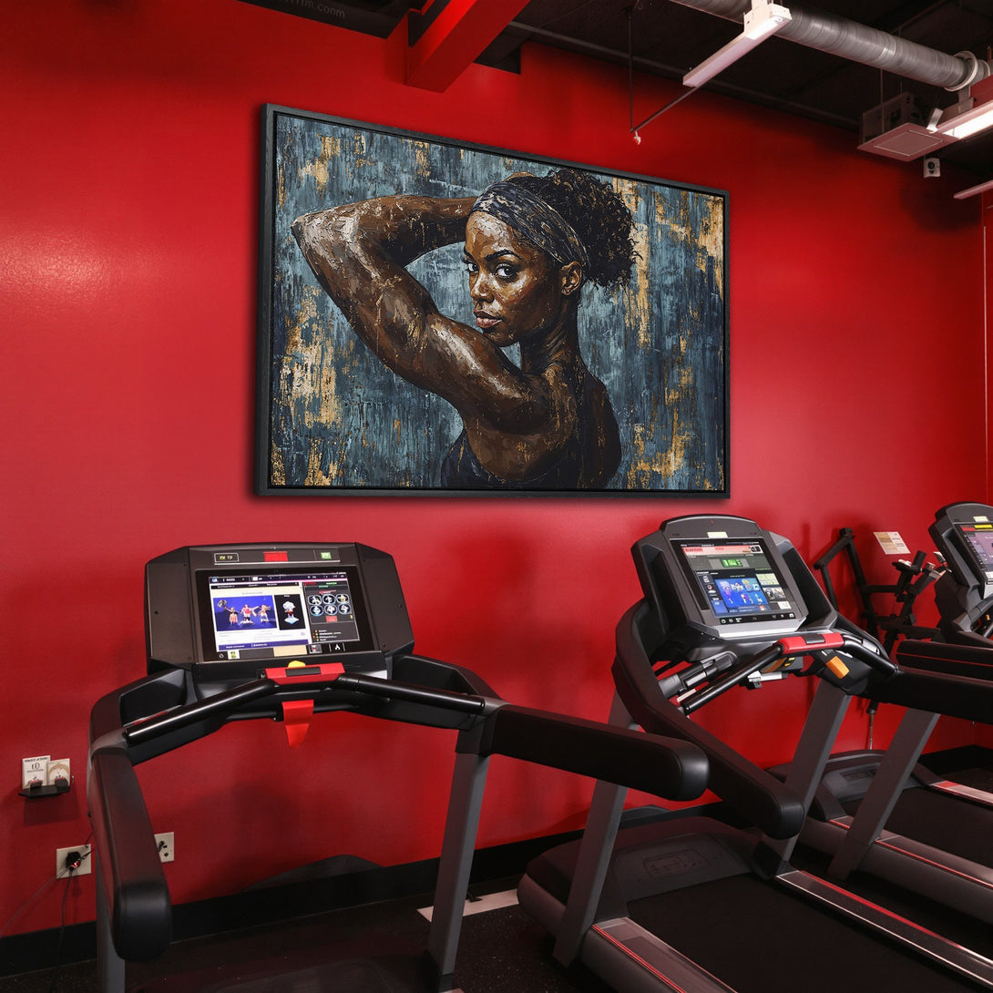 Framed Wall Art: Empowering portrait of a woman in a gym. Bold, textured style with blue, gold, and brown tones. Elevate your space with art that inspires!