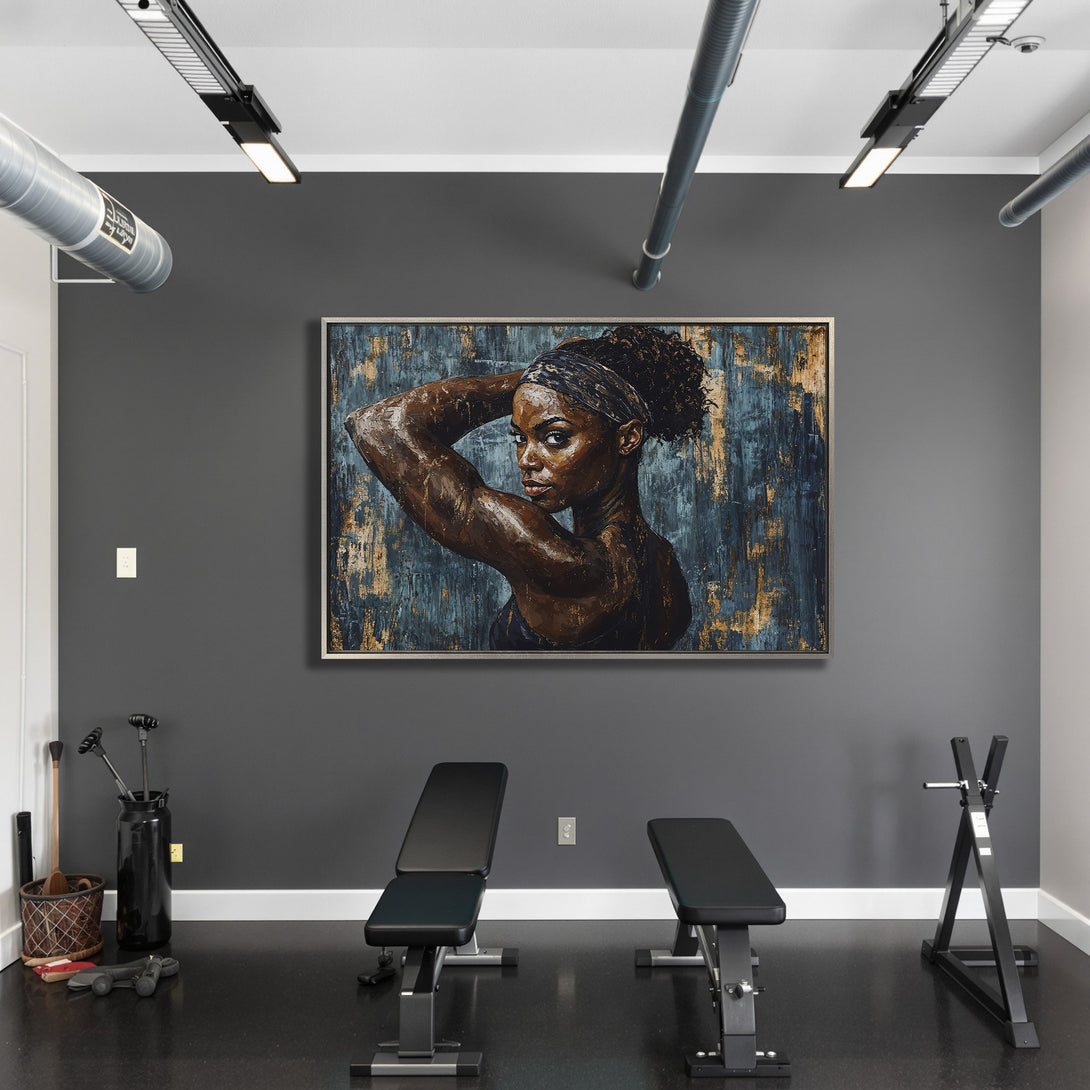 Framed Wall Art: Stunning portrait of a woman in a gym setting. Abstract style with a teal and gold color palette. Elevate your space with this unique canvas print.