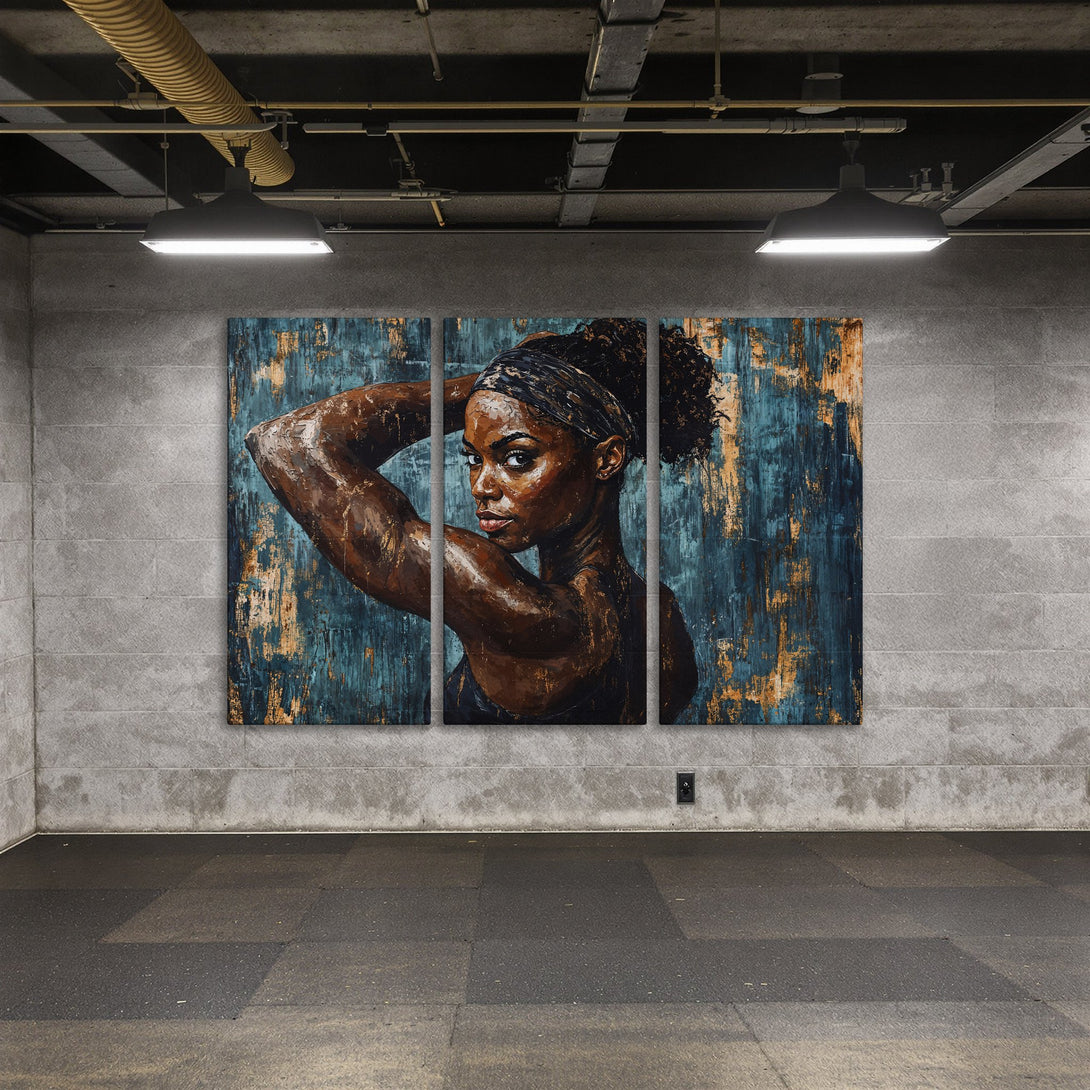 Canvas Print of a beautiful Black woman in a striking blue, brown, and gold abstract style. Perfect wall art for modern interiors.