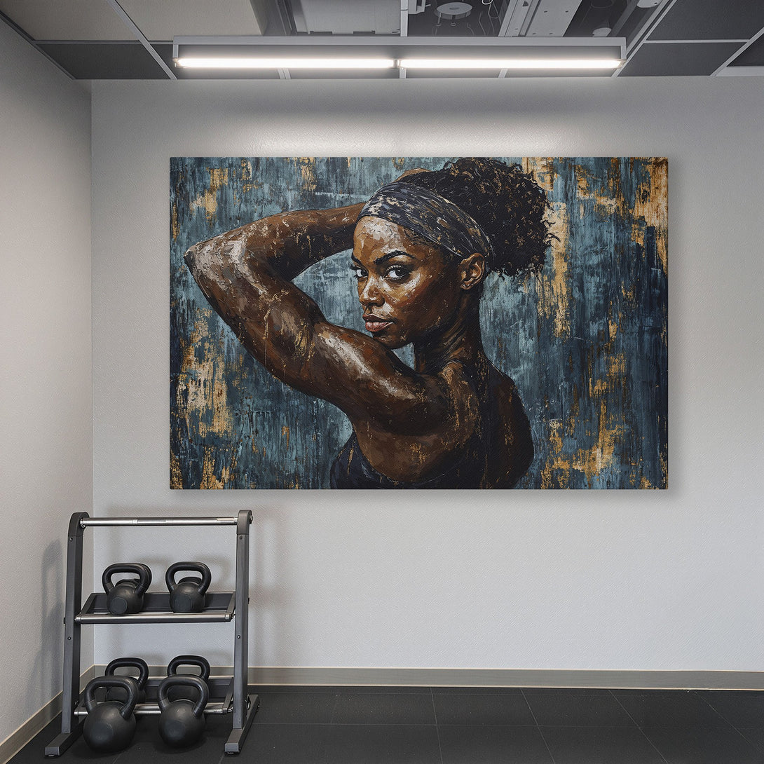 Framed Wall Art of a powerful Black woman in a gym. Modern, expressive style with a blue, gold, and brown color palette. Perfect for home gyms!