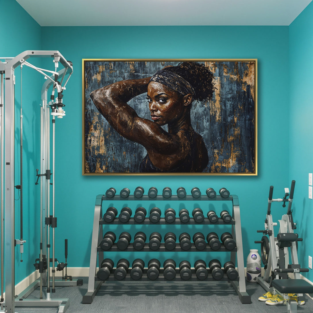 Canvas Print of a strong Black woman in an abstract style, featuring a teal and gold color palette. Perfect for any wall!