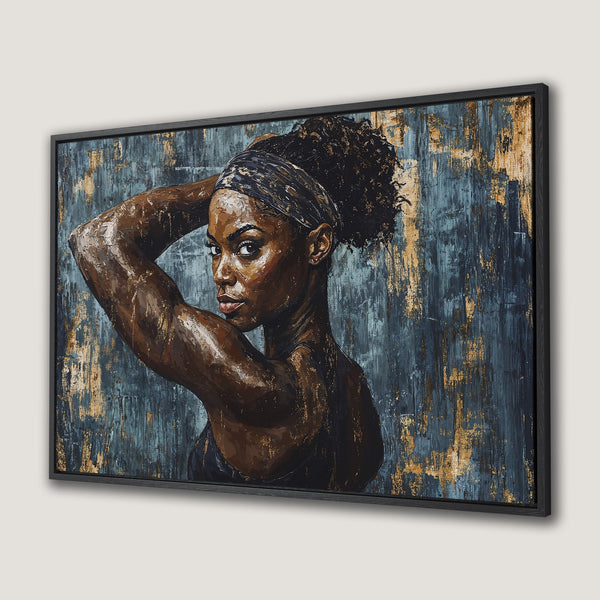 Framed Wall Art: Stunning portrait of a woman with a teal & gold abstract background. Modern art Canvas Print for home decor.