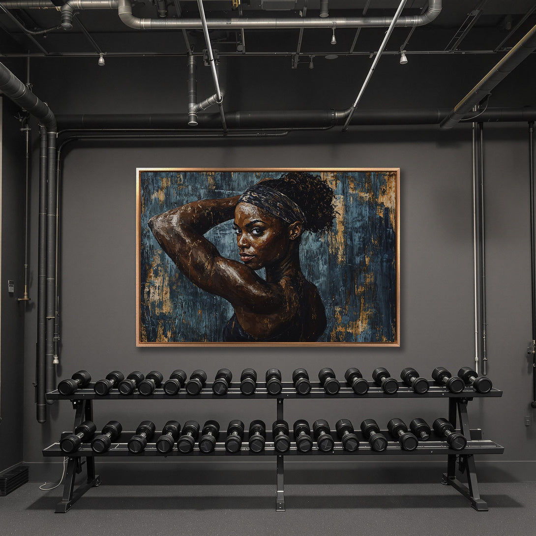 Framed Wall Art: Abstract portrait canvas print with a woman in a gym setting. Features a teal and gold color palette, adding artistic flair to your space.