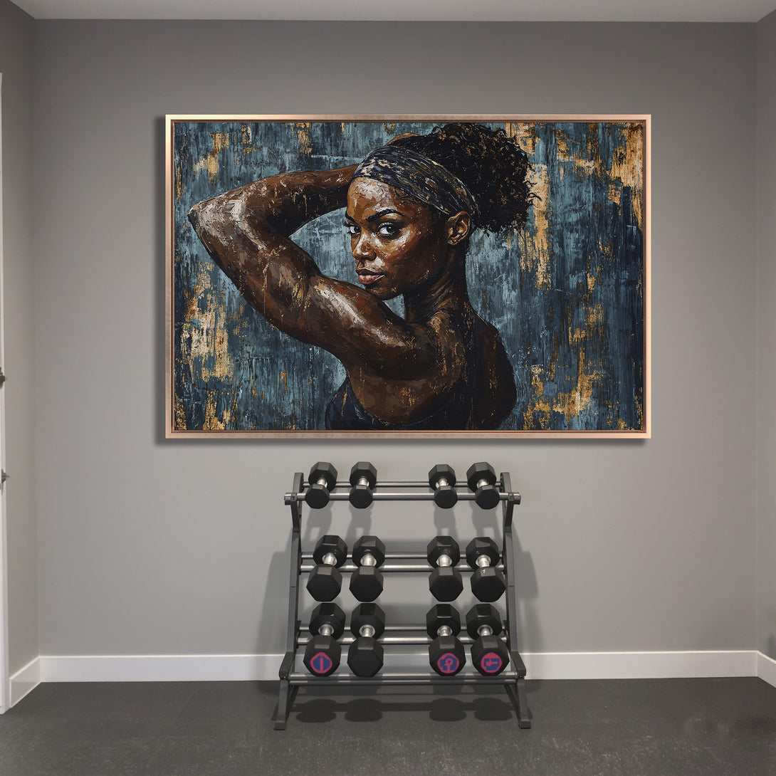 Framed Wall Art: Abstract portrait of a woman in a blue and gold color palette. Modern art for home gym decor. Canvas Print available.