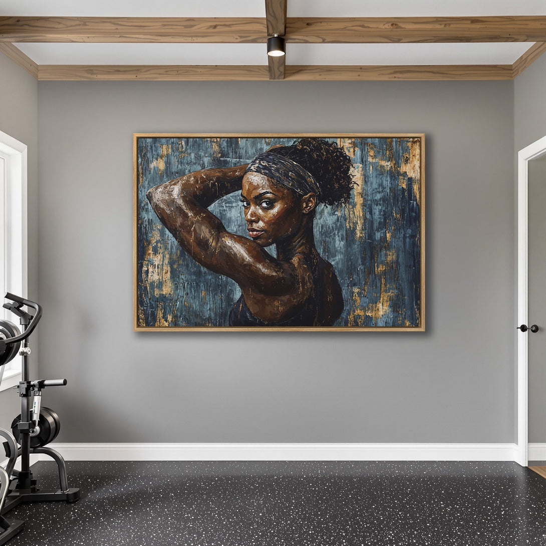 Framed Wall Art featuring a strong woman in a gym setting. Abstract style with a teal and brown color palette. Elevate your space with this inspiring Canvas Print.