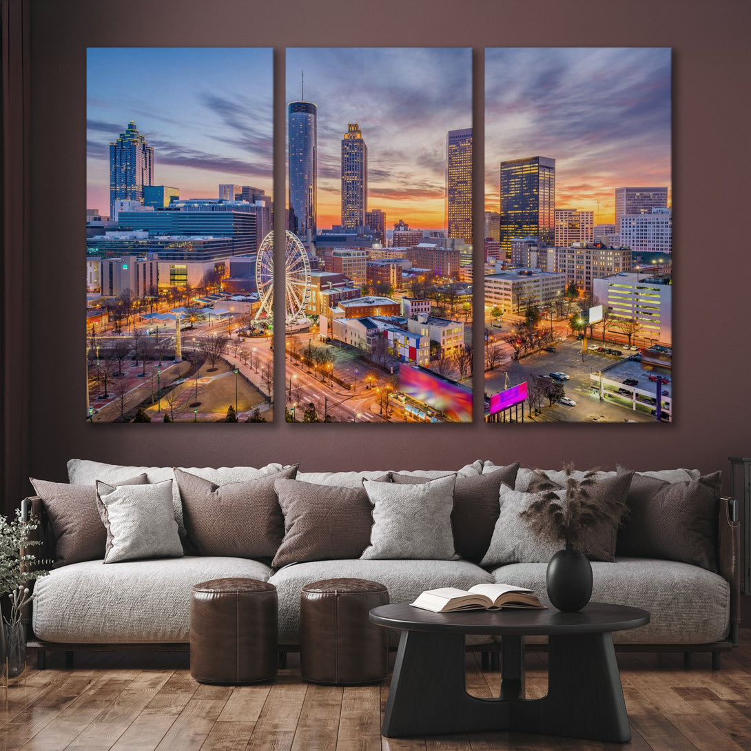Canvas Print of Atlanta skyline at sunset. Modern wall art with warm, vibrant colors. Perfect home decor.