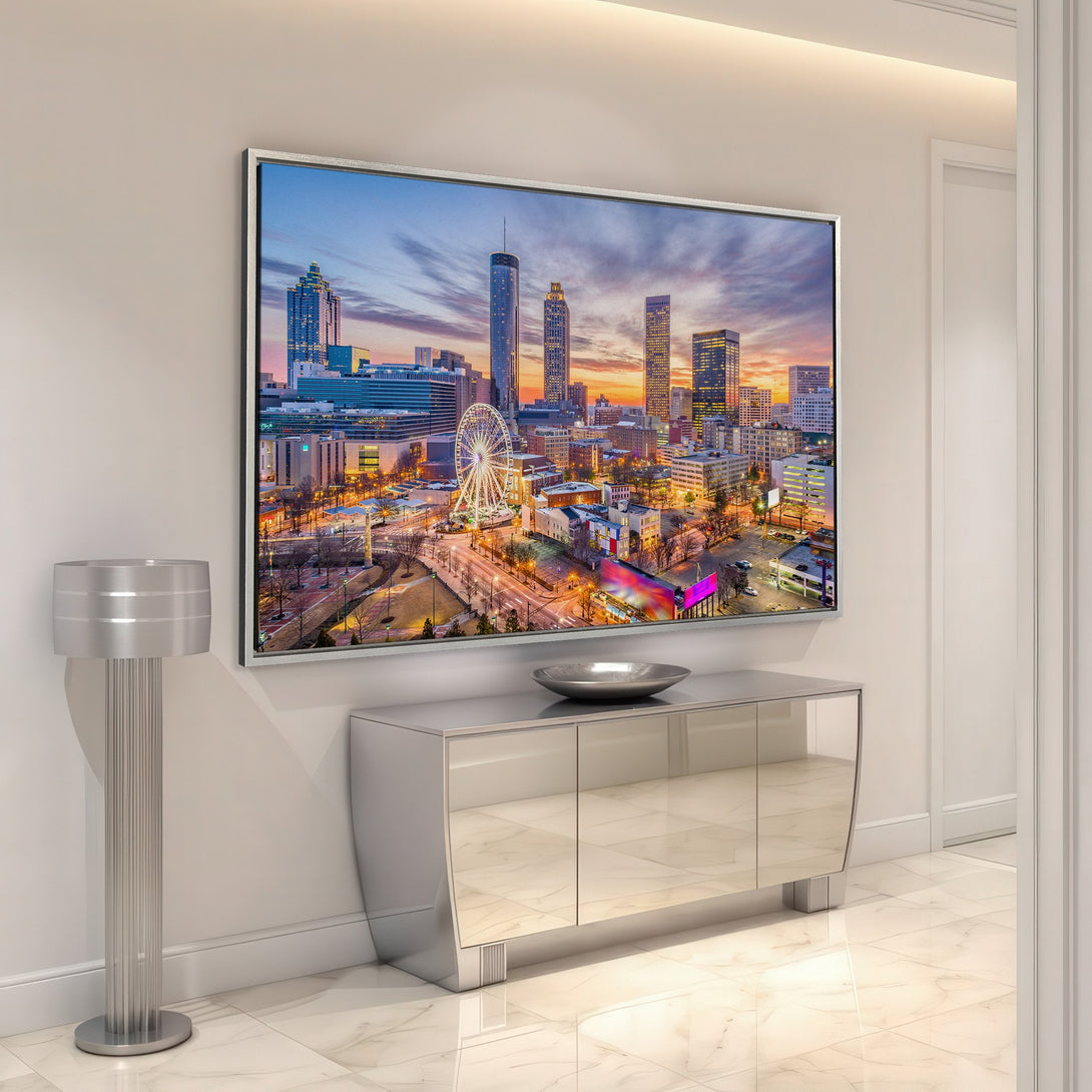 Framed Wall Art of Atlanta skyline at sunset. Modern cityscape Canvas Print with warm orange, blue, and yellow hues. Perfect for home decor.