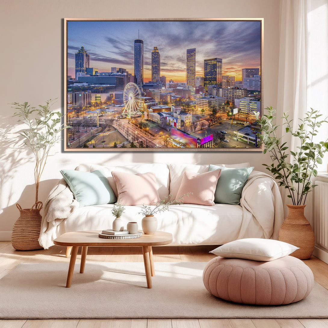 Framed Wall Art of Atlanta skyline at sunset. Modern decor with warm orange & blue hues. Elevate your space with this stunning Canvas Print.