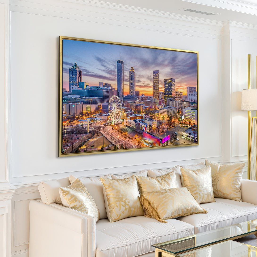 Canvas Print of Atlanta skyline at sunset. Modern wall art with warm, vibrant colors. Perfect for home decor.