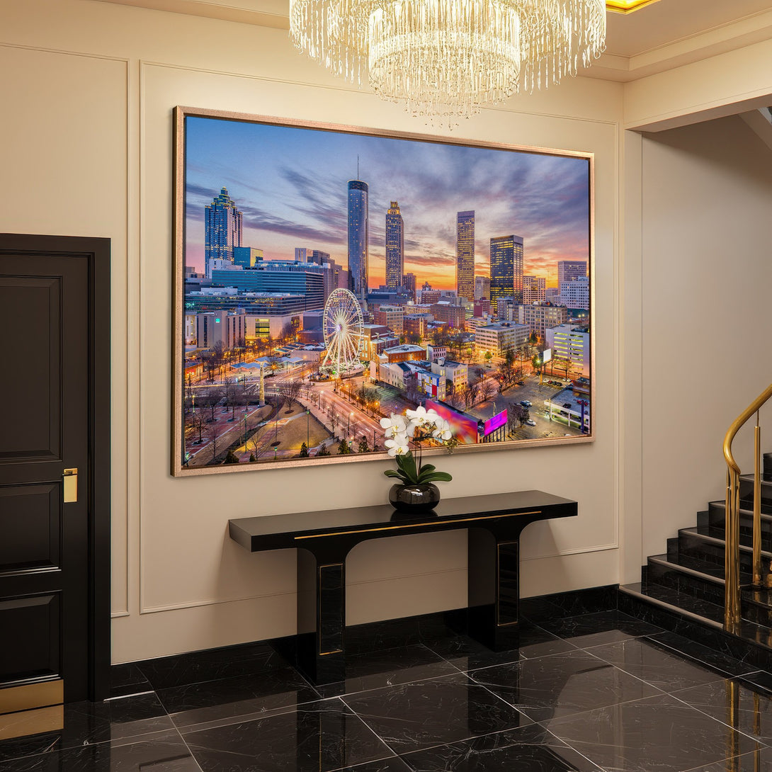Framed Wall Art: Atlanta skyline at sunset. Modern Canvas Print with warm orange and blue hues, perfect for living room or entryway decor.