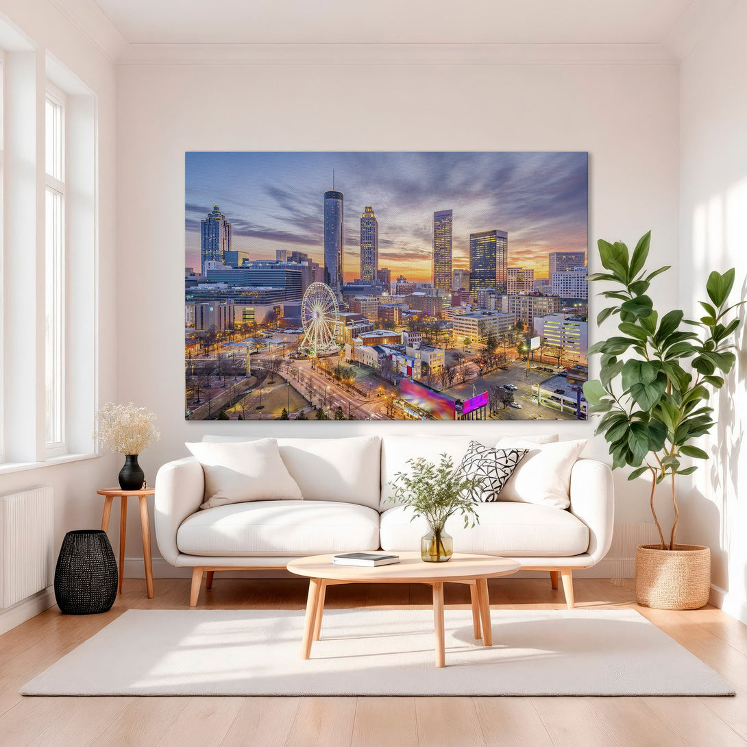 Framed Wall Art of Atlanta skyline at sunset. Vibrant colors and modern style. Perfect for adding a touch of urban elegance to your home decor.