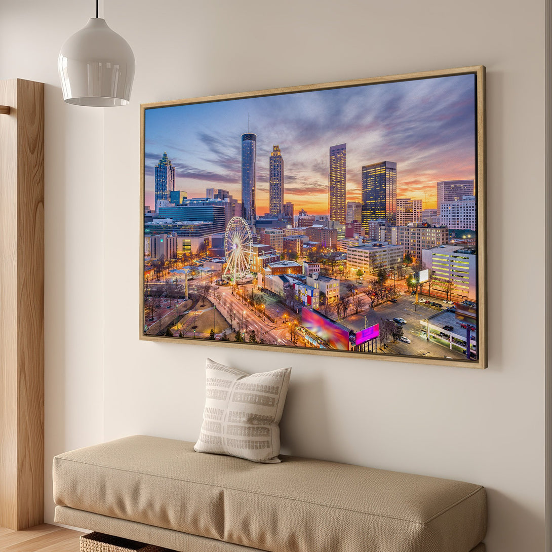 Framed Wall Art of Atlanta skyline at sunset. Modern cityscape with warm orange and blue hues. Perfect wall decor for any home.