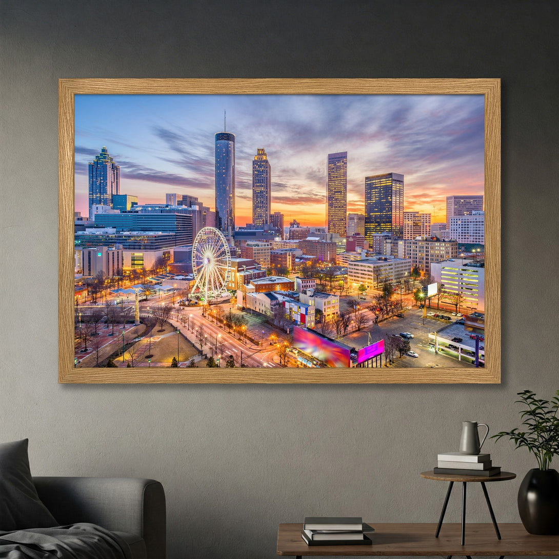 Framed Poster of Atlanta skyline at sunset. Modern cityscape art with warm orange and blue hues. Perfect home decor.