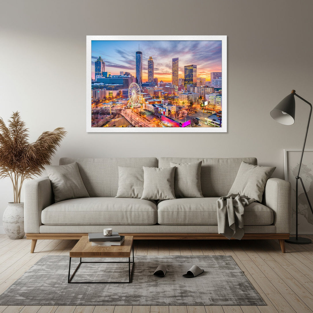Framed Poster of Atlanta skyline at sunset, vibrant colors, modern art for home decor.