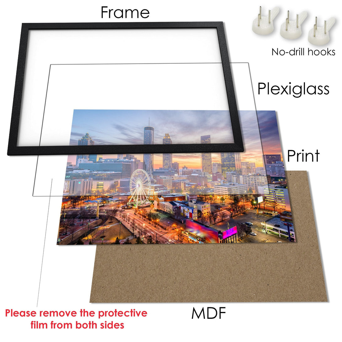 Framed Poster of a cityscape at dusk. Modern style with warm, vibrant colors. Perfect wall art for your home!