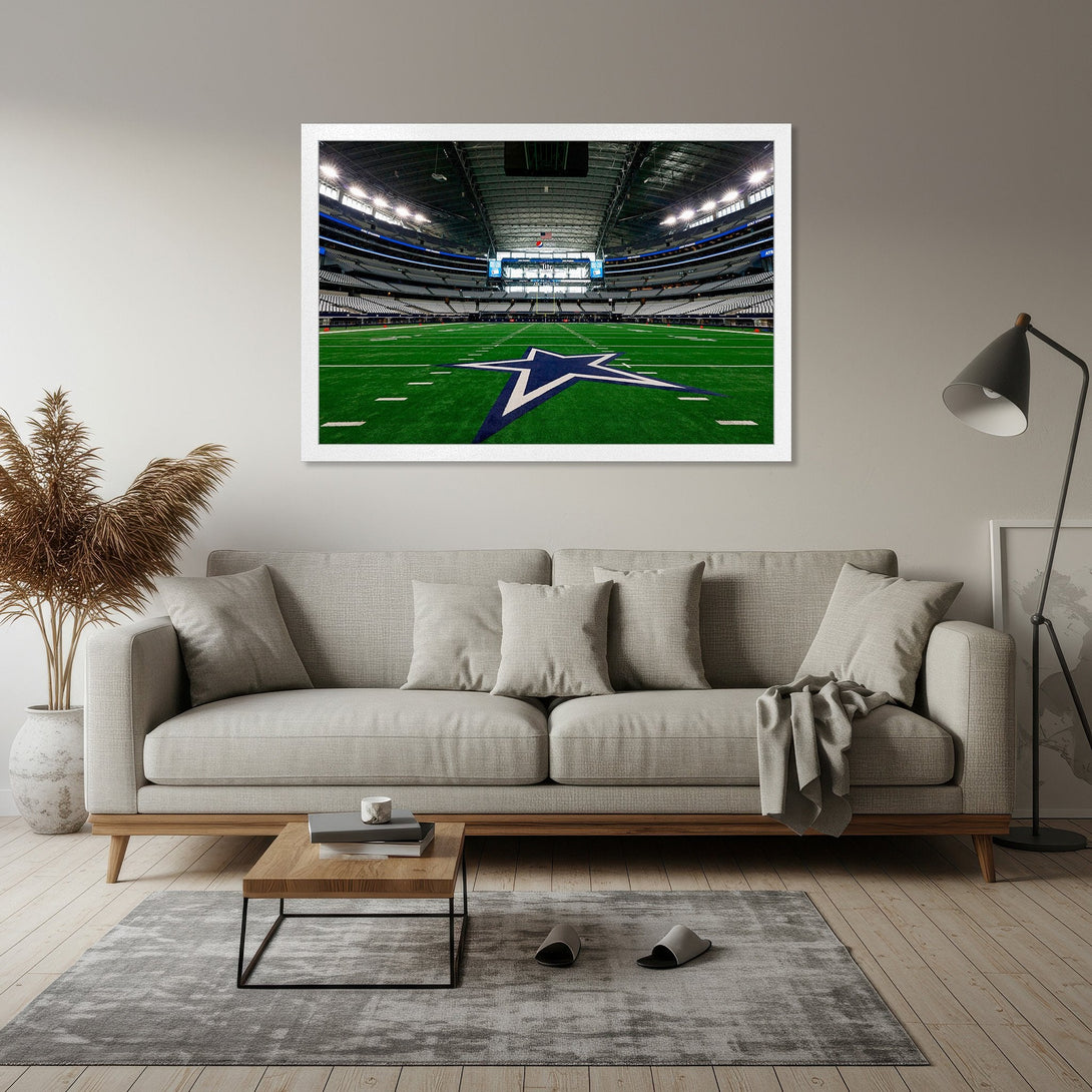Framed Poster featuring a stadium interior with a green field and blue star logo, modern style, neutral color palette. Perfect wall art!