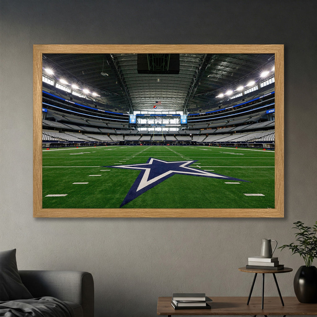 Framed Poster of AT&T Stadium, featuring a football field with the Dallas Cowboys star logo. Modern style, green, blue, and neutral color palette.