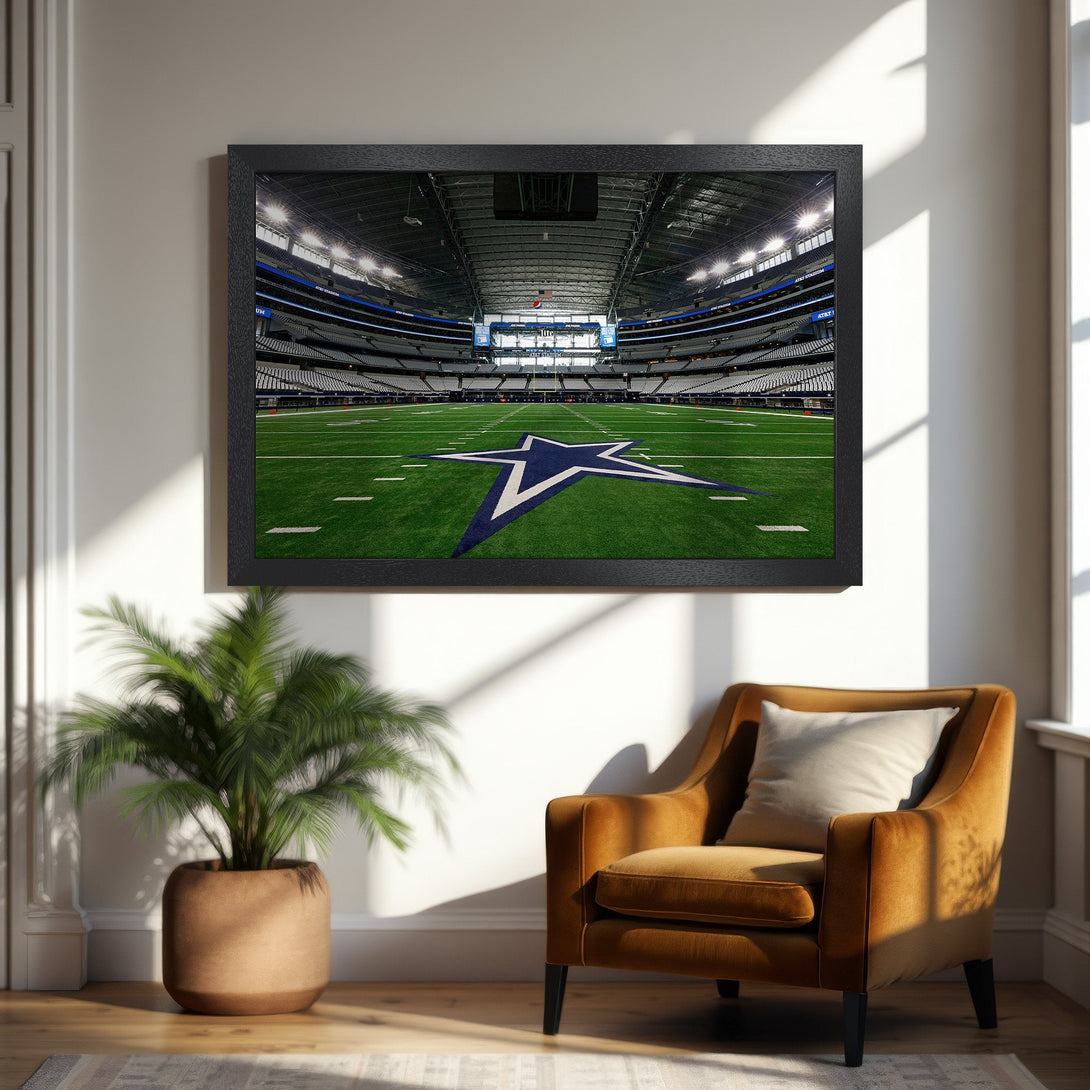 Framed Poster of Dallas Cowboys stadium interior, green & blue field, modern style, neutral color palette. Perfect wall decor!