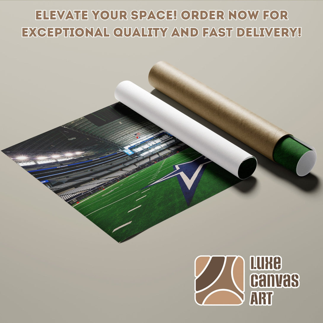 Poster Roll of a football stadium, green and blue color palette. Elevate your space today!