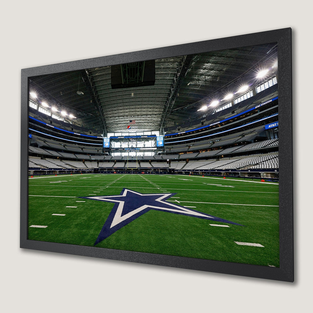Framed Poster of AT&T Stadium, Dallas Cowboys. Modern style, featuring green field, blue star, and stadium details. Perfect for sports fans!