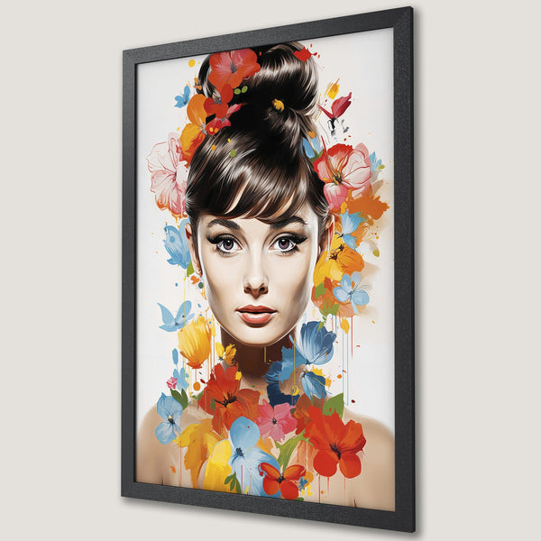Framed Poster of Audrey Hepburn with floral art. Vibrant watercolor style, featuring a colorful palette of red, blue, and yellow. Perfect wall decor.