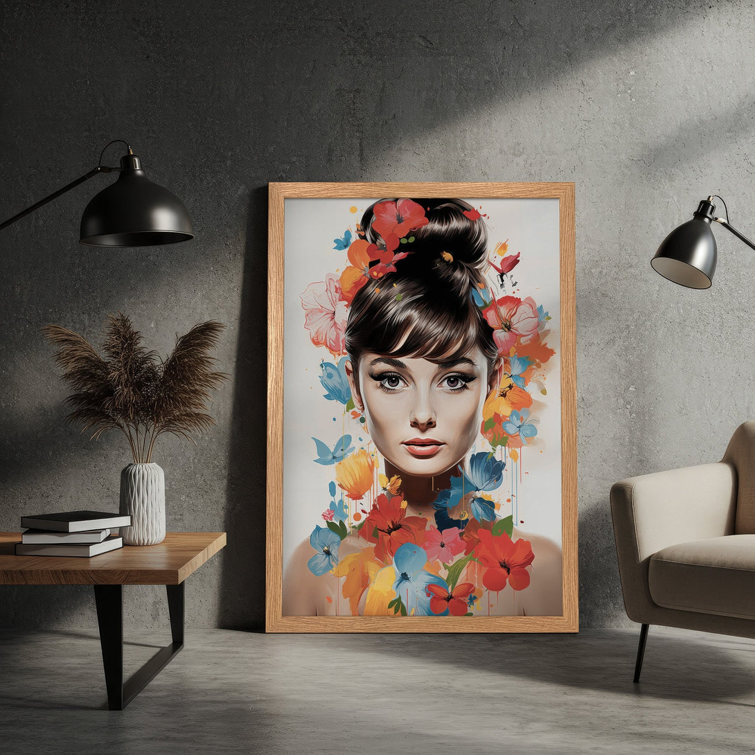 Framed Poster featuring a woman with floral accents, watercolor style, vibrant colors on a neutral background. Perfect wall art!