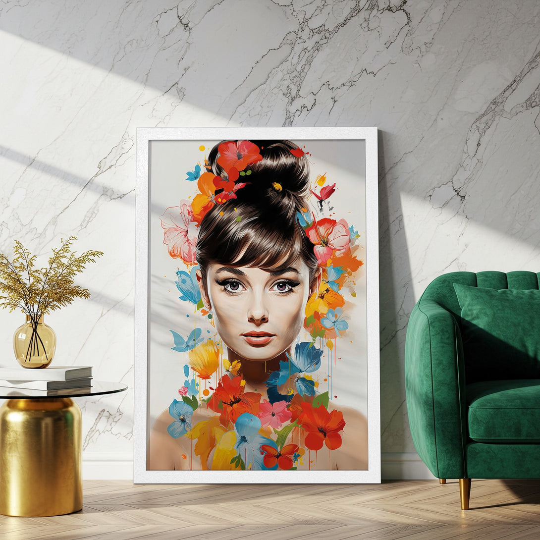 Framed Poster featuring Audrey Hepburn with floral accents. Watercolor style, vibrant colors of red, blue, and yellow. Perfect wall art!