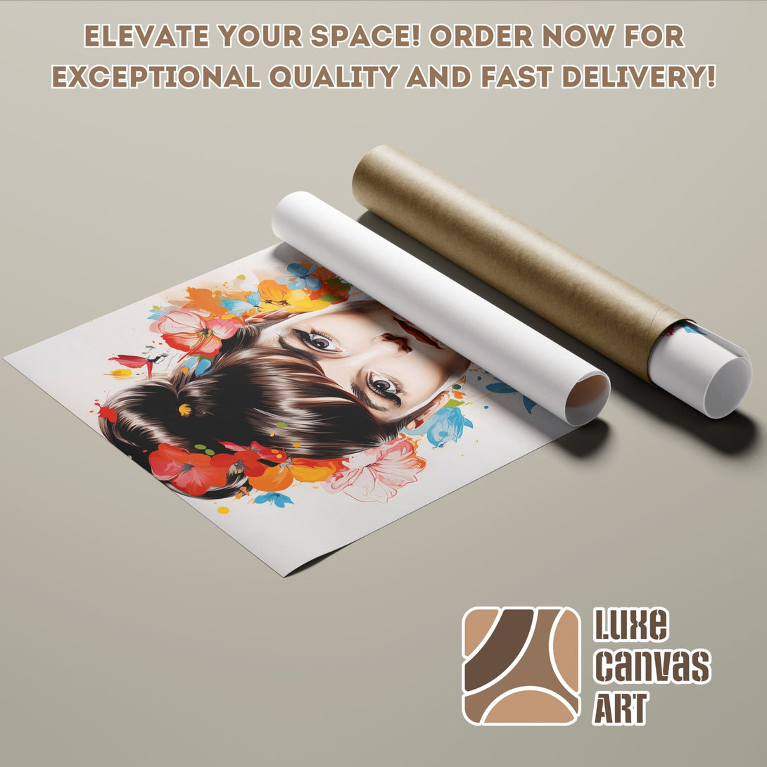 Poster Roll featuring a woman with floral accents, artistic style, vibrant colors. Elevate your space with this beautiful art!